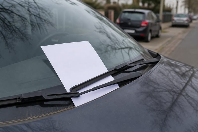 Ein loser Hinweiszettel unter dem Scheibenwischer eines auf dem Gehweg parkenden Autos