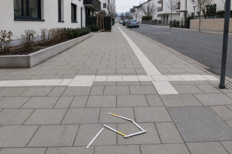 Ein Gehweg mit Maßband, das die nutzbare Restbreite neben abgestellten Hindernissen zeigt