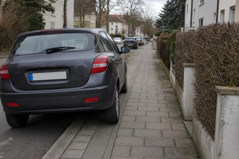 Pkw parkt halb auf einem Gehweg in einer deutschen Wohnstraße, Fußgänger müssen ausweichen